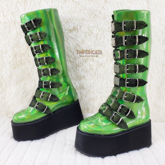 Demonia Shoes | Lime Green Hologram Cyber Punk Platform Knee Boots | Color: Green | Size: 10 | Twfshoes's Closet